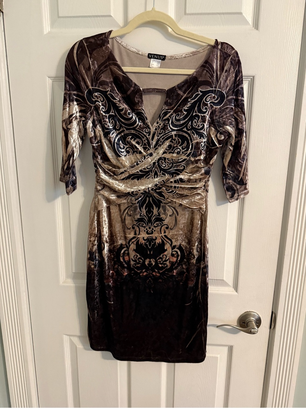 Venus Brown Velvet Printed Ruched Dress